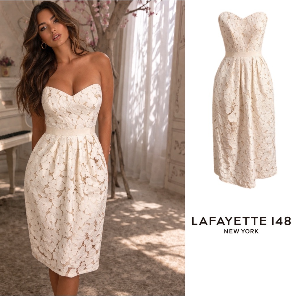 NEW Lafayette 148 New York Cream Strapless Lace Midi Dress